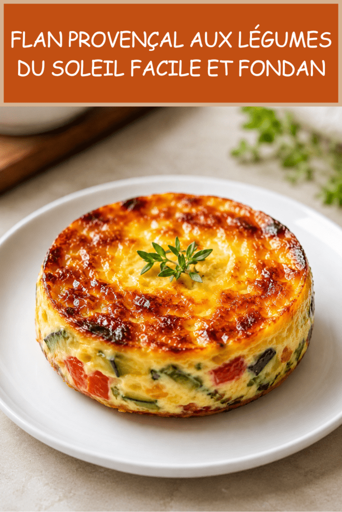 Flan provençal doré aux courgettes, poivron rouge, tomate, fromage râpé et herbes de Provence, servi tiède avec une salade verte.