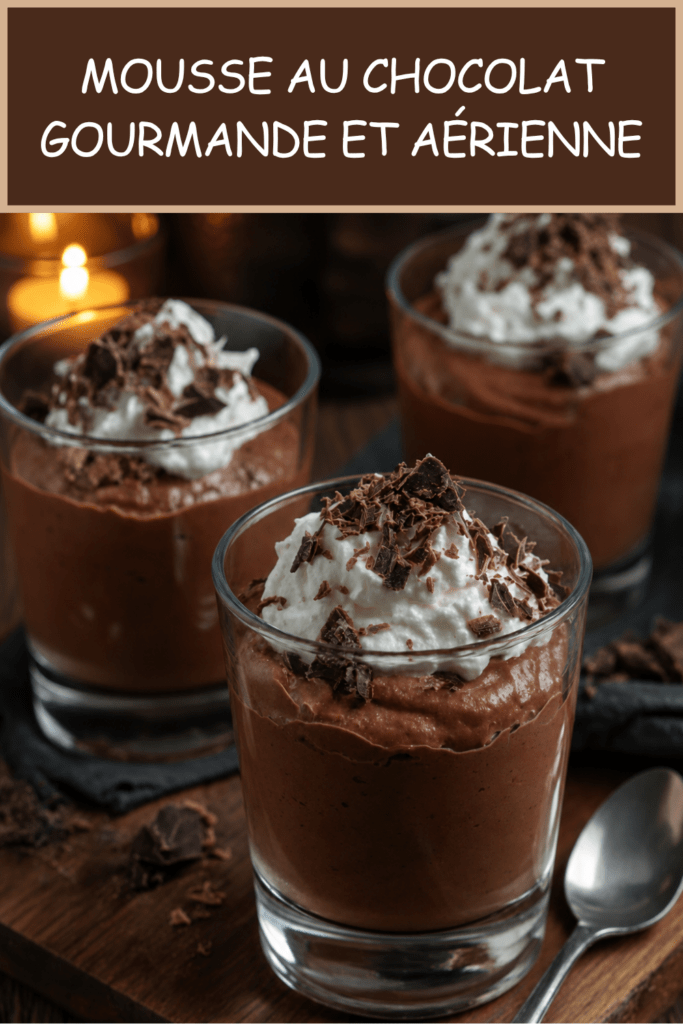 Verrines de mousse au chocolat gourmande décorées de crème chantilly et de copeaux de chocolat noir, servies bien fraîches.