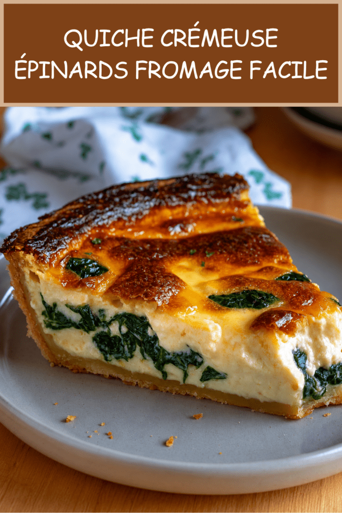Quiche crémeuse aux épinards et fromage bien dorée, servie en parts généreuses avec une pâte croustillante et une garniture fondante.