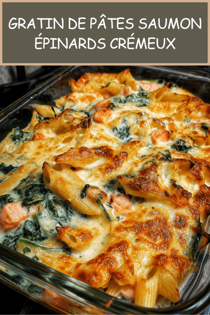 Gratin de pâtes au saumon et aux épinards servi dans un plat familial, avec une sauce crémeuse et une couche de fromage doré.