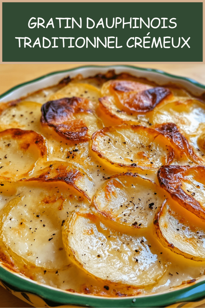 Gratin dauphinois traditionnel bien doré dans un plat à gratin, avec des pommes de terre fondantes et une crème onctueuse.