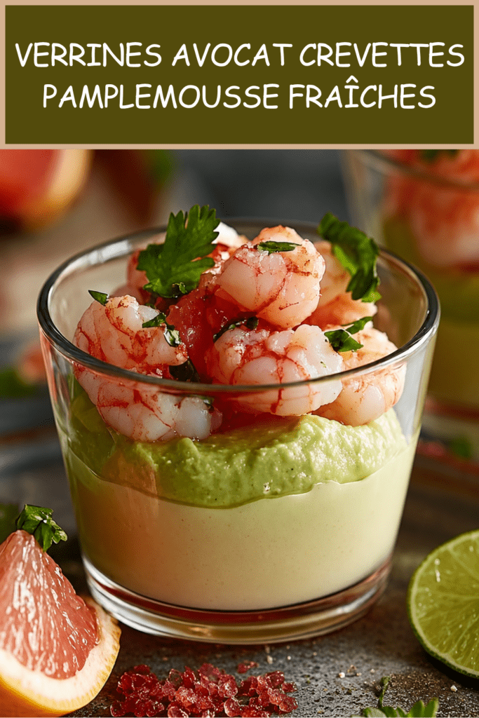 Verrines de mousse d’avocat garnies de crevettes, morceaux de pamplemousse rose et zeste de citron vert, servies bien fraîches.