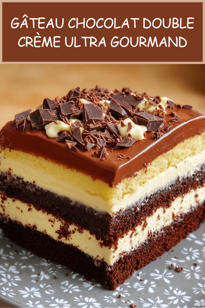 Gâteau chocolat double crème en plusieurs couches, garni de crème vanille, nappé de ganache chocolat et décoré de copeaux de chocolat noir et blanc.