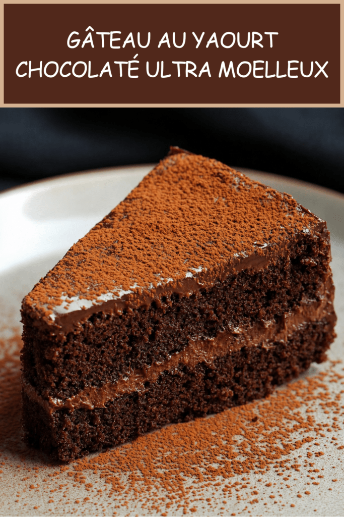 Gâteau au yaourt chocolaté coupé en parts, garni d’une ganache au chocolat noir lisse et saupoudré de cacao en poudre.
