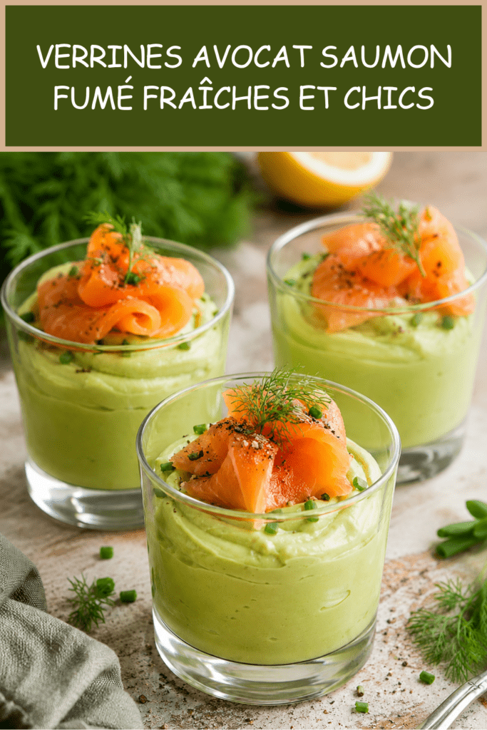 Verrines de mousse d’avocat crémeuse garnies de lamelles de saumon fumé, décorées d’aneth et servies bien fraîches.