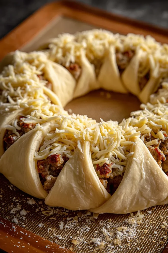 Couronne feuilletée dorée garnie de viande hachée épicée et de fromage fondant, servie avec une sauce crémeuse au centre.