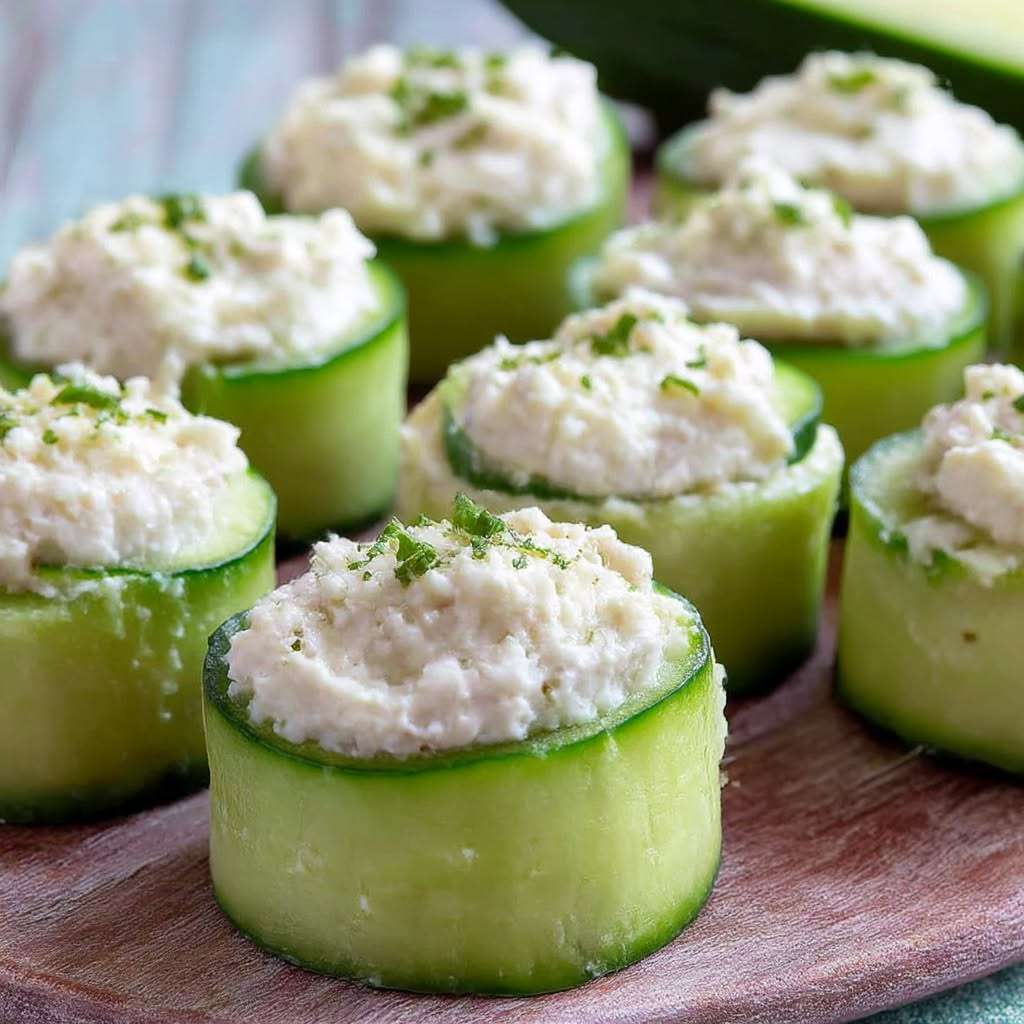 Bouchées de concombre garnies de fromage frais crémeux aux herbes, servies bien fraîches sur une assiette avec ciboulette et poivre.