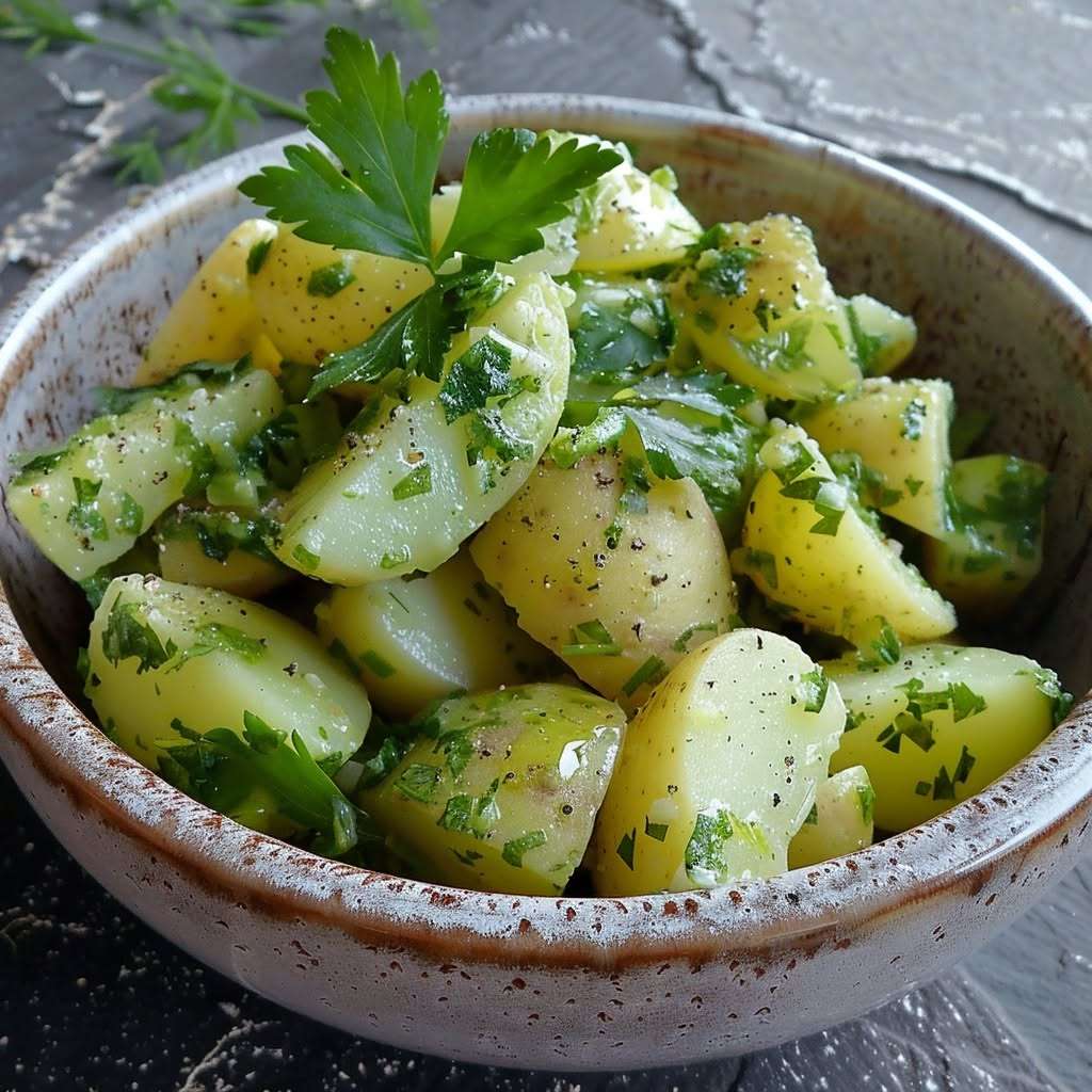Salade de pommes de terre tièdes aux herbes fraîches servie dans un saladier, avec persil, ciboulette, échalote et vinaigrette maison.