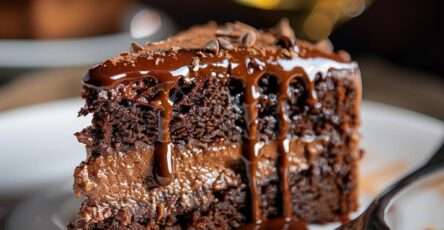 Gâteau au chocolat fondant nappé de ganache brillante, avec un cœur crémeux au chocolat et des copeaux de chocolat sur le dessus.
