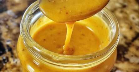Vinaigrette miel-moutarde maison servie dans un petit pot en verre, avec une texture épaisse, brillante et dorée.