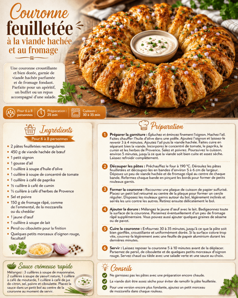 Couronne feuilletée dorée garnie de viande hachée épicée et de fromage fondant, servie avec une sauce crémeuse au centre.
