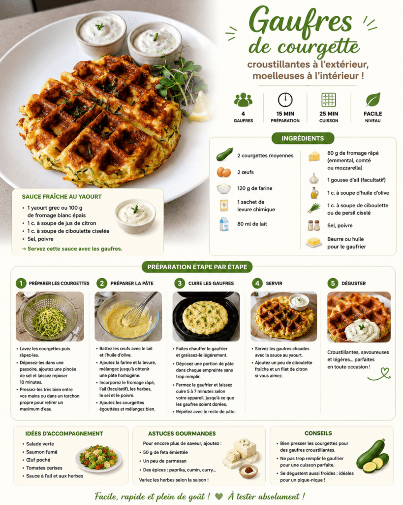 Gaufres de courgette dorées et croustillantes servies avec une sauce au yaourt, de la ciboulette fraîche et une salade verte.