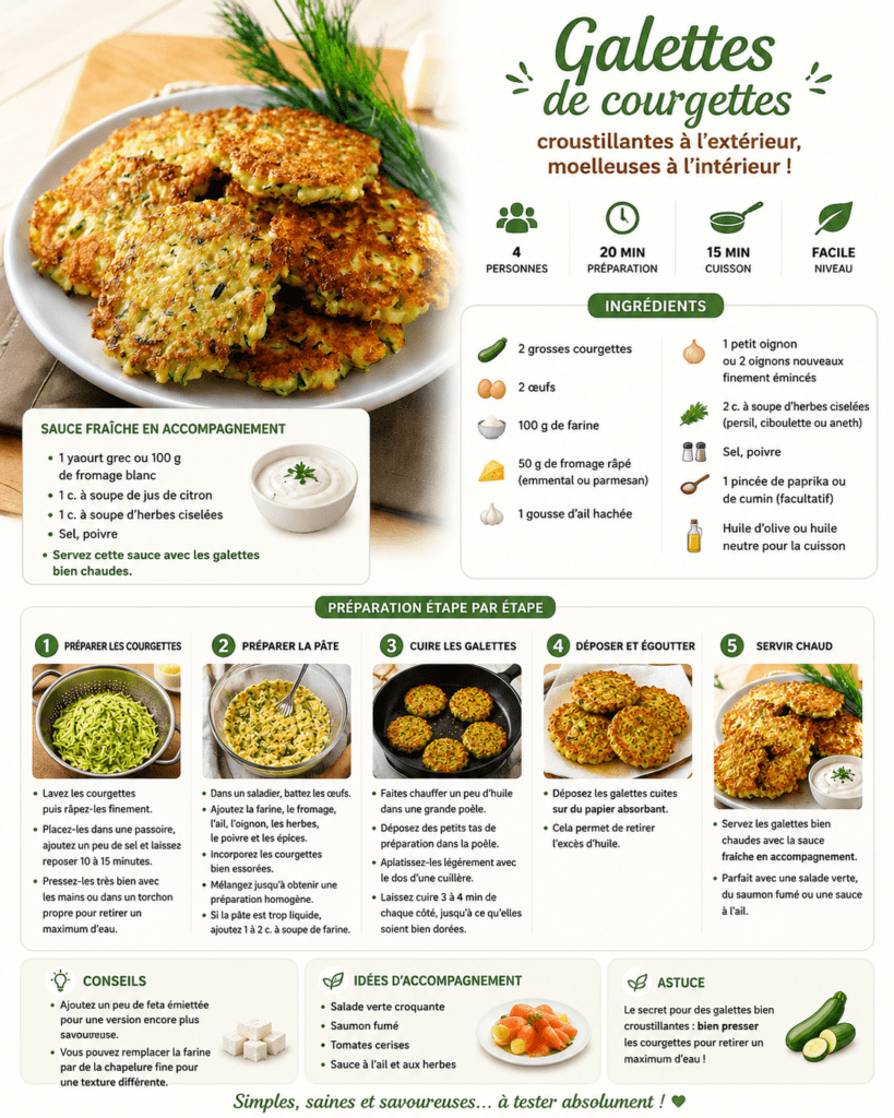 Galettes de courgettes dorées et croustillantes servies avec une sauce au yaourt, des herbes fraîches et une salade verte.