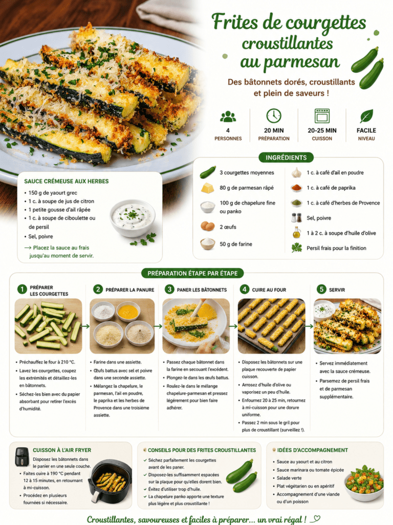 Frites de courgettes dorées et croustillantes au parmesan, servies avec une sauce crémeuse au yaourt, citron et herbes fraîches.