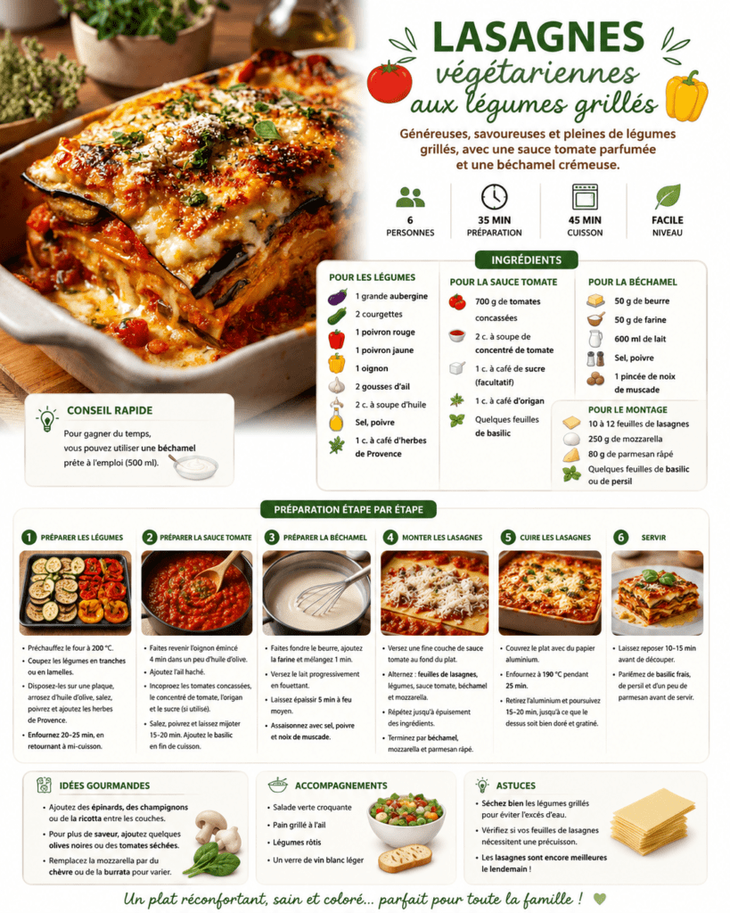 Lasagnes végétariennes aux légumes grillés servies en parts, avec aubergines, courgettes, poivrons, sauce tomate, béchamel et fromage gratiné.