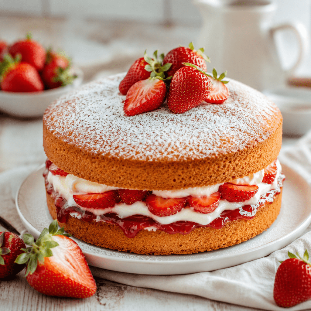 Victoria Sponge Cake composé de deux génoises dorées et moelleuses, garni de crème fouettée, de confiture de fraises et de fraises fraîches, puis décoré de sucre glace.