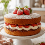 Victoria Sponge Cake composé de deux génoises dorées et moelleuses, garni de crème fouettée, de confiture de fraises et de fraises fraîches, puis décoré de sucre glace.