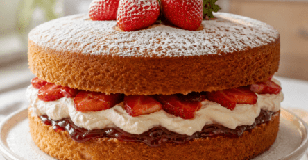 Victoria Sponge Cake composé de deux génoises dorées et moelleuses, garni de crème fouettée, de confiture de fraises et de fraises fraîches, puis décoré de sucre glace.