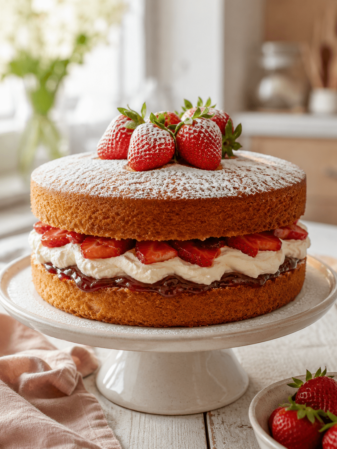 Victoria Sponge Cake composé de deux génoises dorées et moelleuses, garni de crème fouettée, de confiture de fraises et de fraises fraîches, puis décoré de sucre glace.