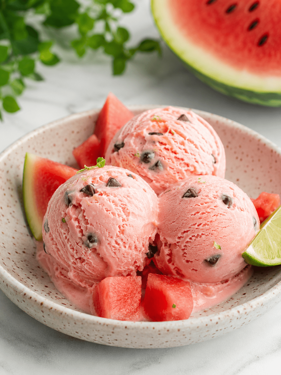 Boules de glace rose à la pastèque servies dans un bol froid, avec des pépites de chocolat rappelant les graines du fruit et des morceaux de pastèque fraîche.