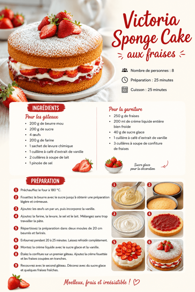 Victoria Sponge Cake composé de deux génoises dorées et moelleuses, garni de crème fouettée, de confiture de fraises et de fraises fraîches, puis décoré de sucre glace.