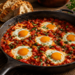 Shakshuka aux œufs cuits dans une sauce épaisse aux tomates, au poivron rouge, à l’oignon, au cumin et au paprika, garnie de coriandre fraîche.