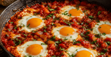 Shakshuka aux œufs cuits dans une sauce épaisse aux tomates, au poivron rouge, à l’oignon, au cumin et au paprika, garnie de coriandre fraîche.