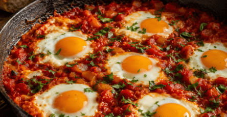 Shakshuka aux œufs cuits dans une sauce épaisse aux tomates, au poivron rouge, à l’oignon, au cumin et au paprika, garnie de coriandre fraîche.