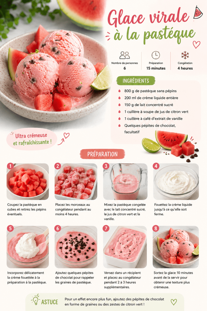 Boules de glace rose à la pastèque servies dans un bol froid, avec des pépites de chocolat rappelant les graines du fruit et des morceaux de pastèque fraîche.