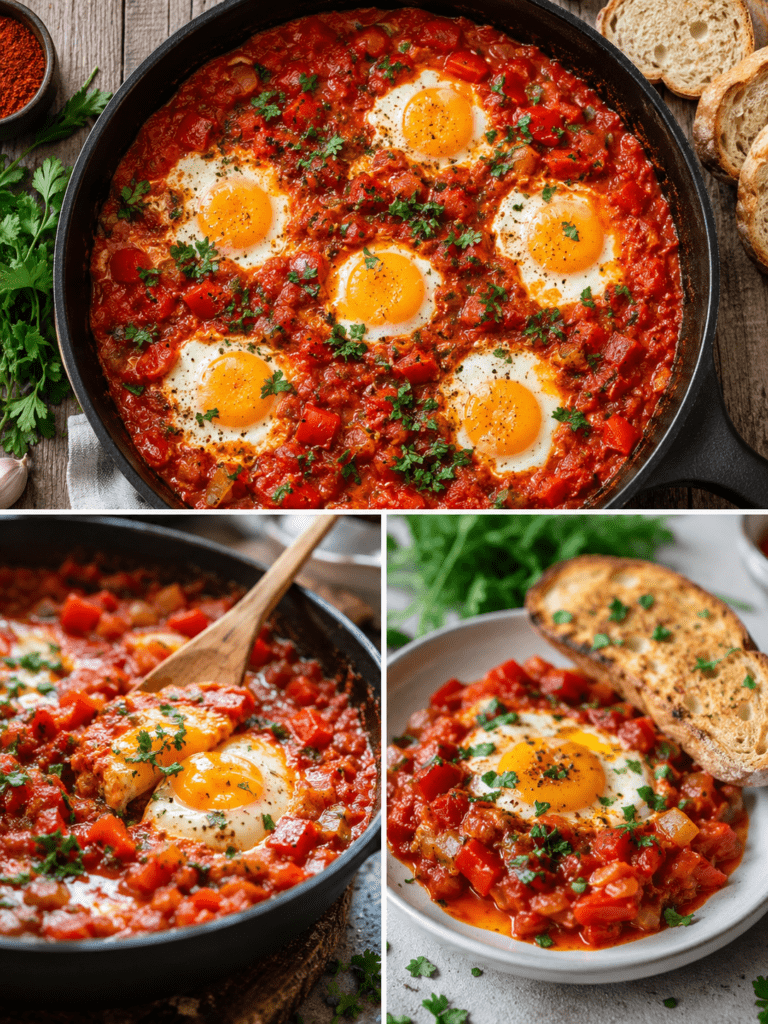 Shakshuka aux œufs cuits dans une sauce épaisse aux tomates, au poivron rouge, à l’oignon, au cumin et au paprika, garnie de coriandre fraîche.