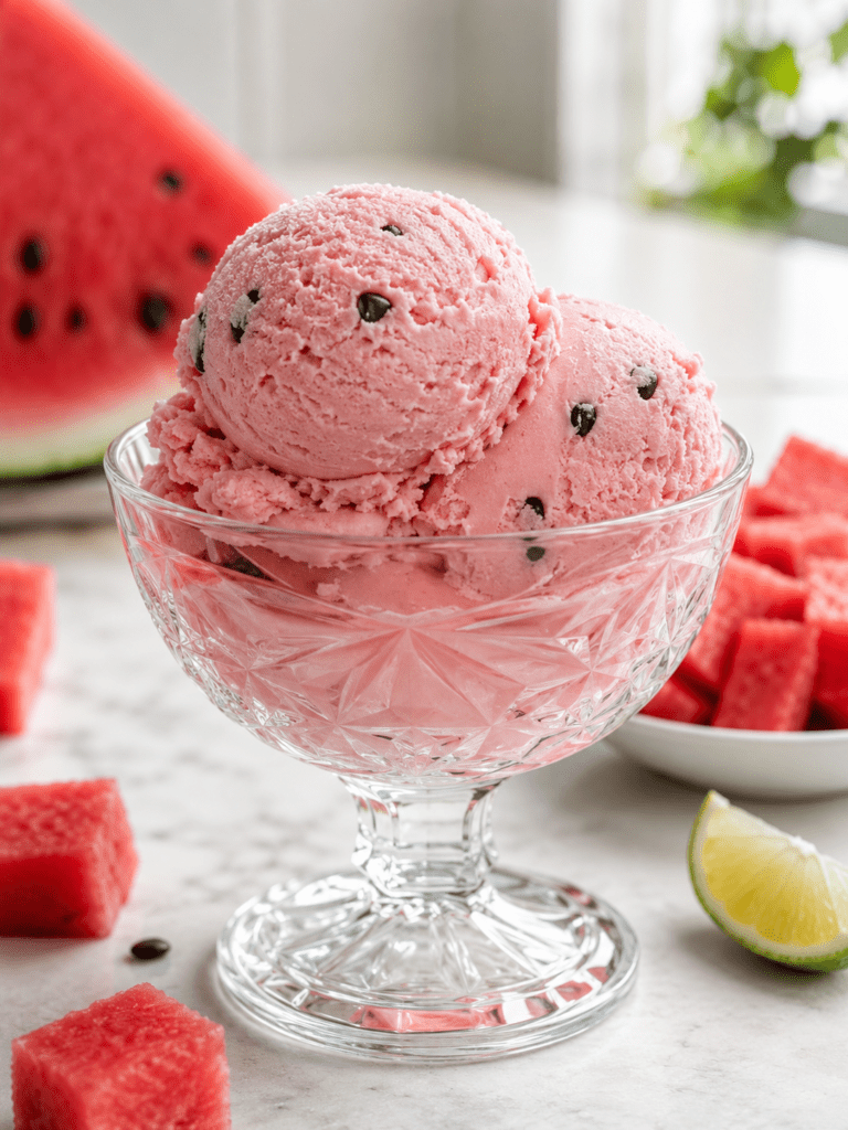 Boules de glace rose à la pastèque servies dans un bol froid, avec des pépites de chocolat rappelant les graines du fruit et des morceaux de pastèque fraîche.