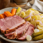 Tranches épaisses de Schiffele alsacien, une palette de porc fumée tendre, servies avec une salade de pommes de terre, des cornichons et des petits oignons au vinaigre.