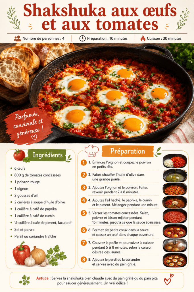 Shakshuka aux œufs cuits dans une sauce épaisse aux tomates, au poivron rouge, à l’oignon, au cumin et au paprika, garnie de coriandre fraîche.