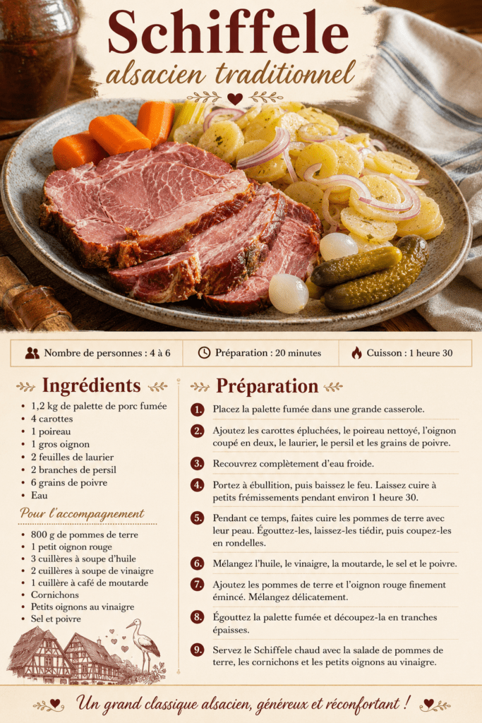 Tranches épaisses de Schiffele alsacien, une palette de porc fumée tendre, servies avec une salade de pommes de terre, des cornichons et des petits oignons au vinaigre.