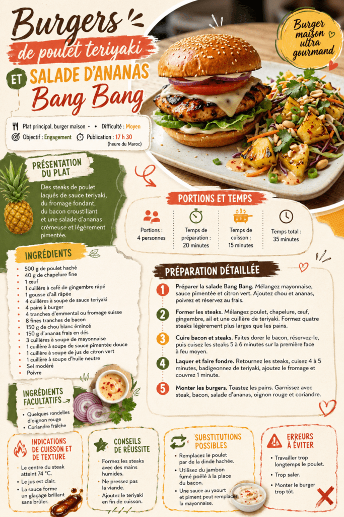 Burgers de poulet teriyaki et salade d’ananas Bang Bang présenté dans une vaisselle claire, avec les ingrédients principaux visibles et une lumière naturelle chaude.
