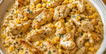 Blancs de poulet tranchés dans une sauce crémeuse au maïs, au parmesan et au beurre à l’ail, servis avec du riz blanc.