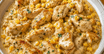 Blancs de poulet tranchés dans une sauce crémeuse au maïs, au parmesan et au beurre à l’ail, servis avec du riz blanc.