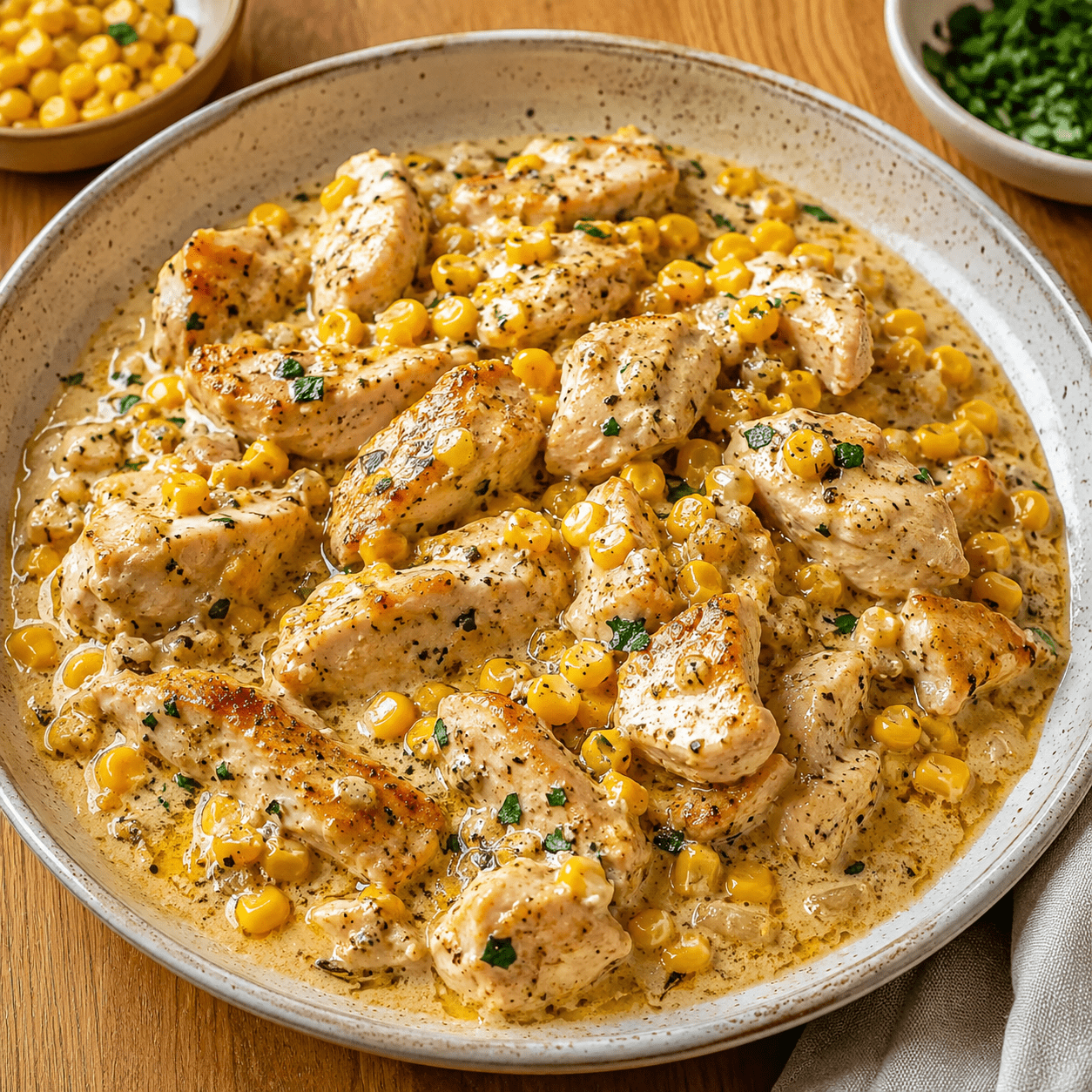 Blancs de poulet tranchés dans une sauce crémeuse au maïs, au parmesan et au beurre à l’ail, servis avec du riz blanc.