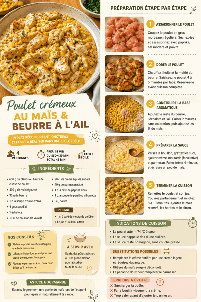 Blancs de poulet tranchés dans une sauce crémeuse au maïs, au parmesan et au beurre à l’ail, servis avec du riz blanc.
