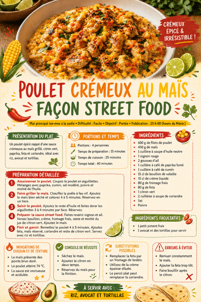 Poulet crémeux au maïs façon street food présenté dans une vaisselle claire, avec les ingrédients principaux visibles et une lumière naturelle chaude.
