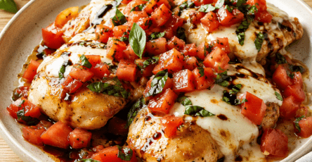 Poulet bruschetta facile aux tomates et mozzarella présenté dans une vaisselle claire, avec les ingrédients principaux visibles et une lumière naturelle chaude.