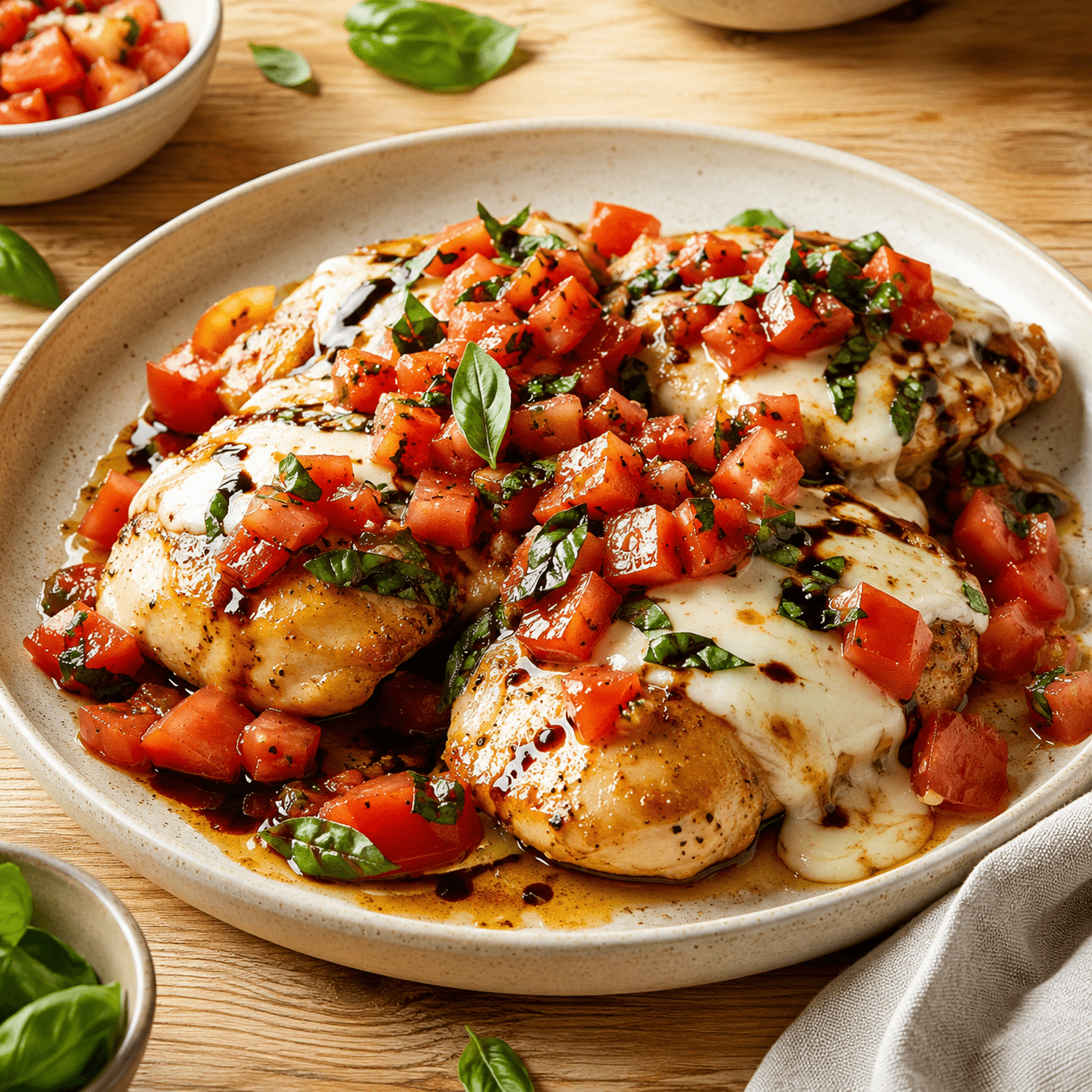 Poulet bruschetta facile aux tomates et mozzarella présenté dans une vaisselle claire, avec les ingrédients principaux visibles et une lumière naturelle chaude.