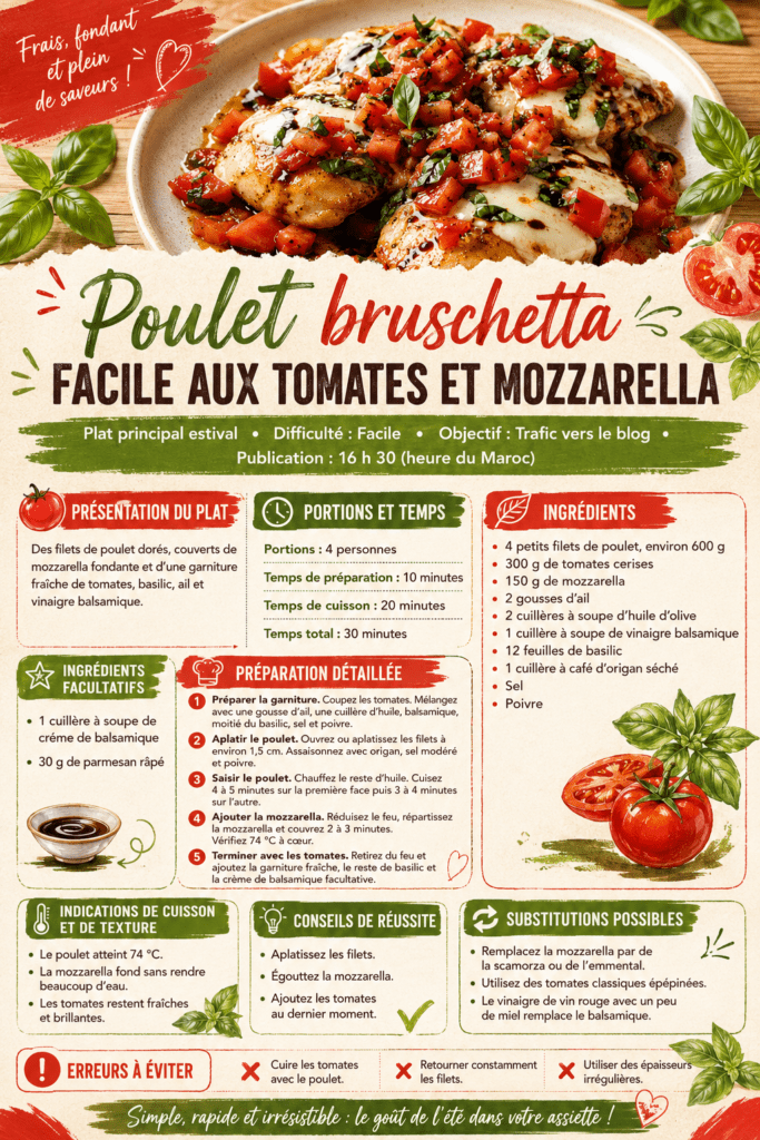 Poulet bruschetta facile aux tomates et mozzarella présenté dans une vaisselle claire, avec les ingrédients principaux visibles et une lumière naturelle chaude.