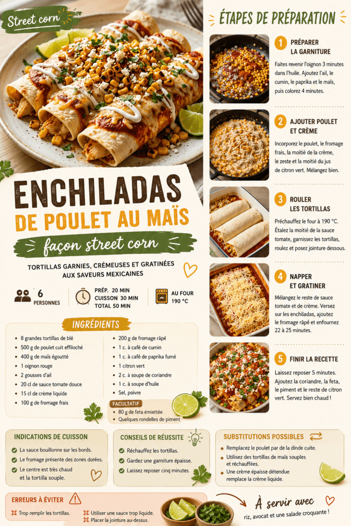 Enchiladas de poulet au maïs façon street corn présenté dans une vaisselle claire, avec les ingrédients principaux visibles et une lumière naturelle chaude.