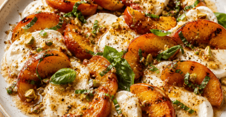 Caprese aux pêches rôties et beurre noisette présenté dans une vaisselle claire, avec les ingrédients principaux visibles et une lumière naturelle chaude