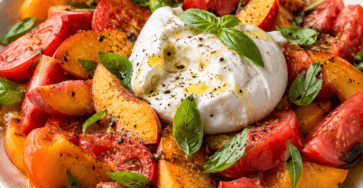 Salade de tomate, pêche et burrata présenté dans une vaisselle claire, avec les ingrédients principaux visibles et une lumière naturelle chaude.