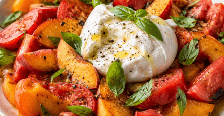 Salade de tomate, pêche et burrata présenté dans une vaisselle claire, avec les ingrédients principaux visibles et une lumière naturelle chaude.