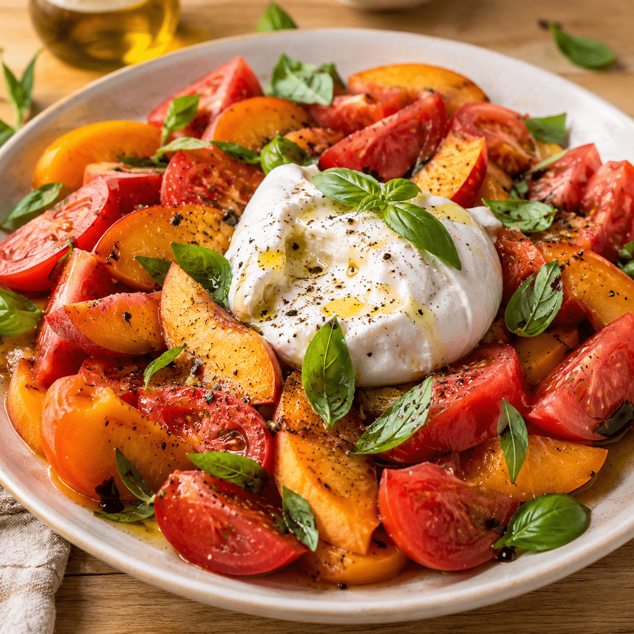 Salade de tomate, pêche et burrata présenté dans une vaisselle claire, avec les ingrédients principaux visibles et une lumière naturelle chaude.