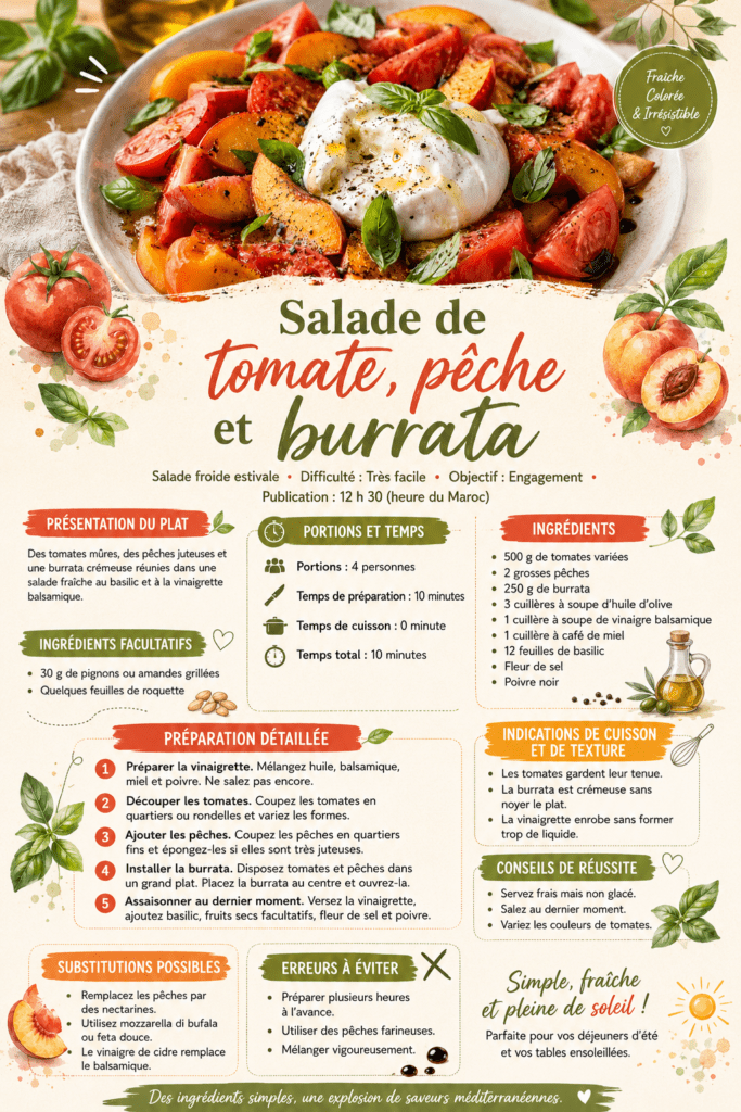 Salade de tomate, pêche et burrata présenté dans une vaisselle claire, avec les ingrédients principaux visibles et une lumière naturelle chaude.