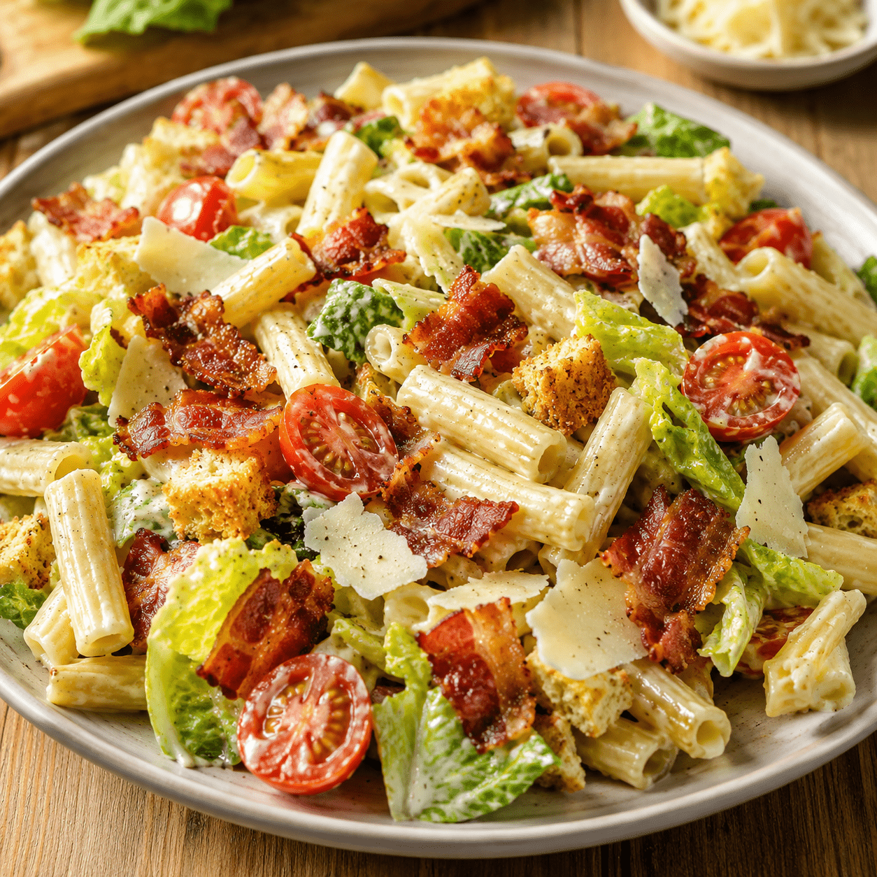 Salade de pâtes BLT façon César présenté dans une vaisselle claire, avec les ingrédients principaux visibles et une lumière naturelle chaude.